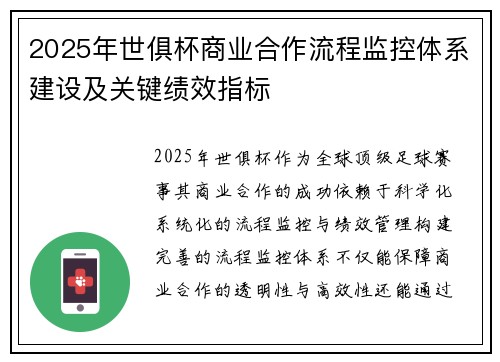 2025年世俱杯商业合作流程监控体系建设及关键绩效指标